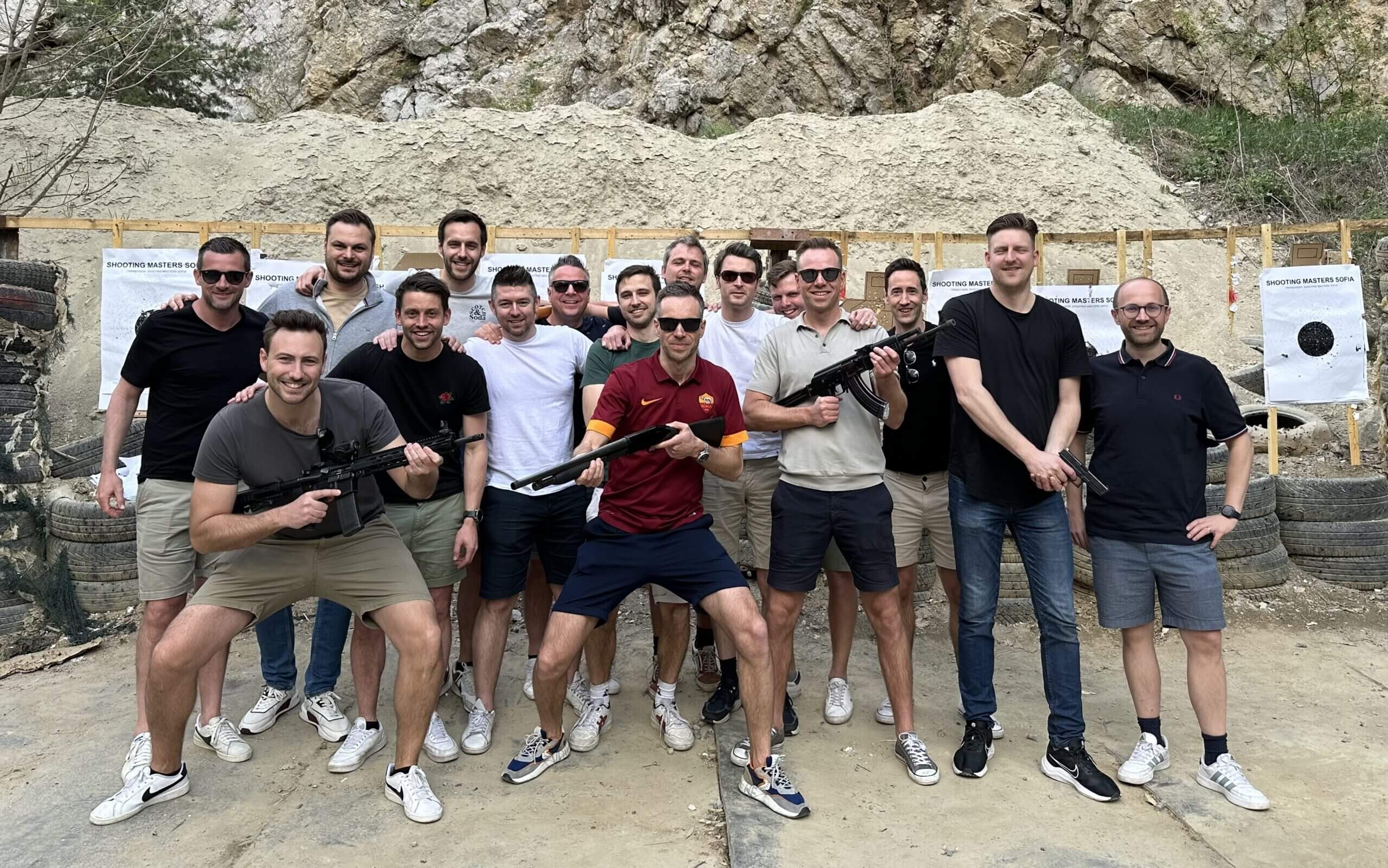 Stag group at an outdoor shooting range near Sofia with AK-47 rifles