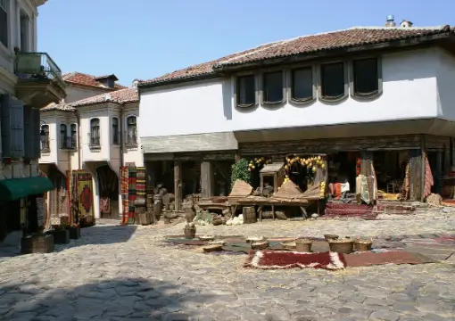 A cobbled square with Revival houses in Plovdiv Old Town