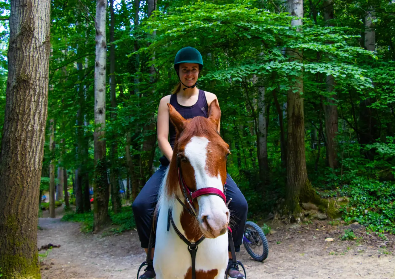 Rider with a helmet on a forest trail near Dragalevtsi