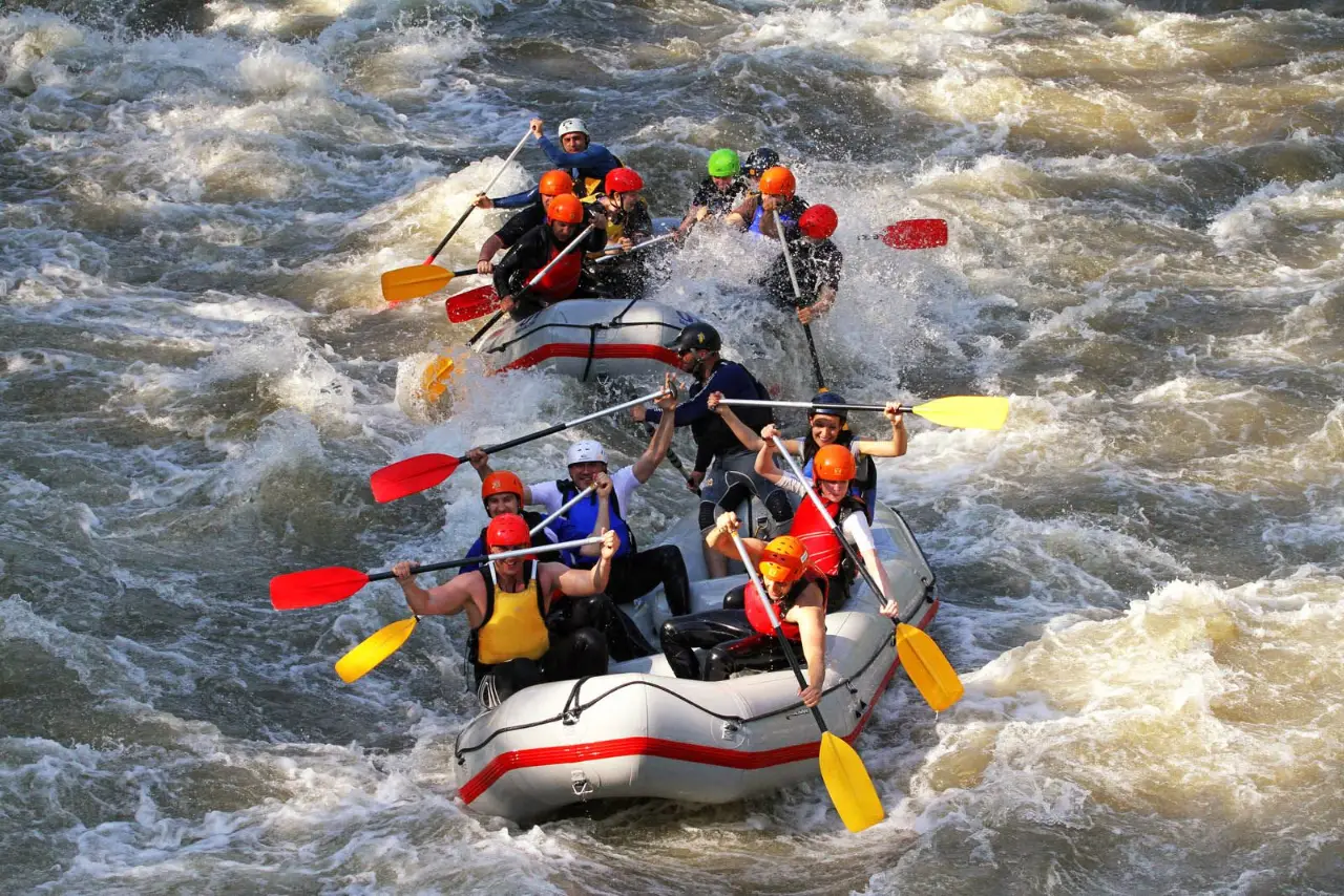 Raft seen from above in a long rapid on the Struma