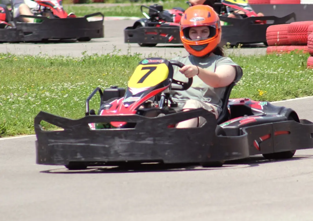 Kart number 7 coming out of a corner