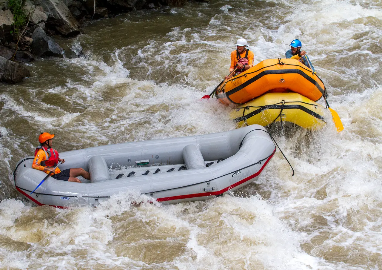 Two rafts in the white water of the Struma river