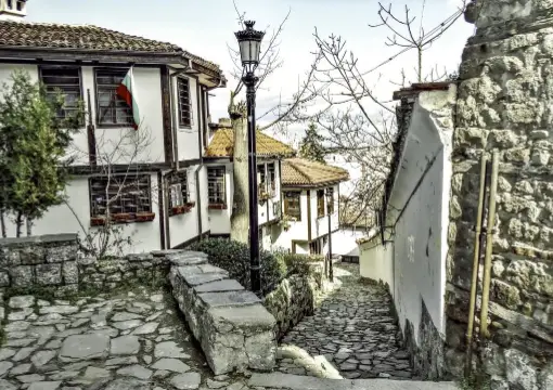 A street lamp and stone walls in Plovdiv Old Town