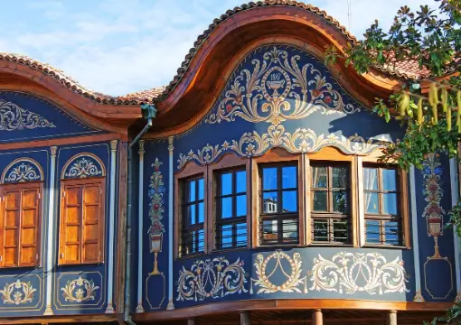 The painted facade of a Revival house in Plovdiv