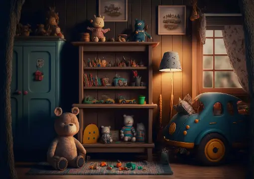 Old toy room with a teddy bear in the toy workshop escape room in Sofia