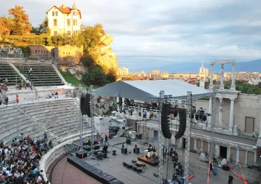 The Roman theatre of Plovdiv with the Old Town on the hill above