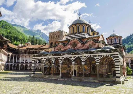 Rila Monastery courtyard and church