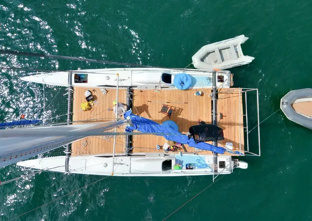 Catamaran deck seen from the top of the mast