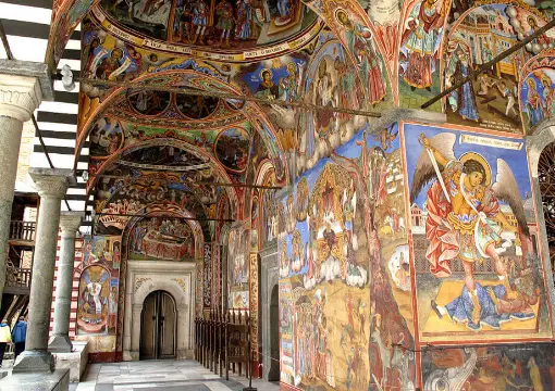 Frescoed gallery of the main church at Rila Monastery
