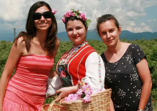 Visitors in the rose fields of the Valley of the Roses
