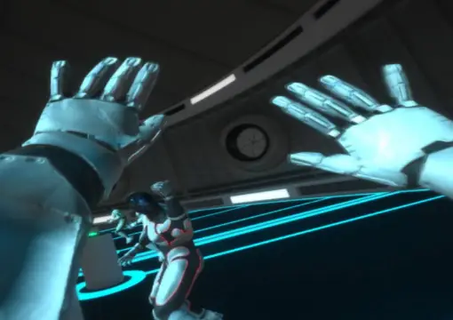 Avatar hands and glowing lights on the COSMOS space station
