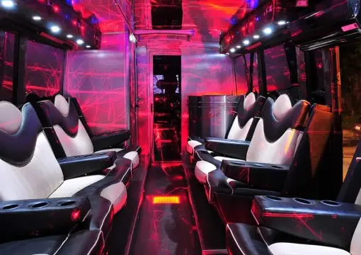 LED lit lounge seating inside the party bus in Sofia