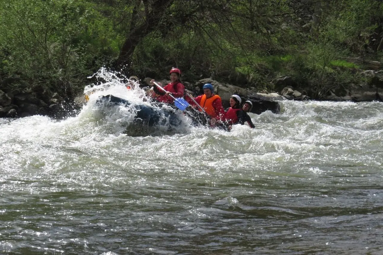 Blue raft punching through spray under green trees