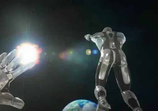 Two robot avatars and a bright star in the COSMOS space VR game