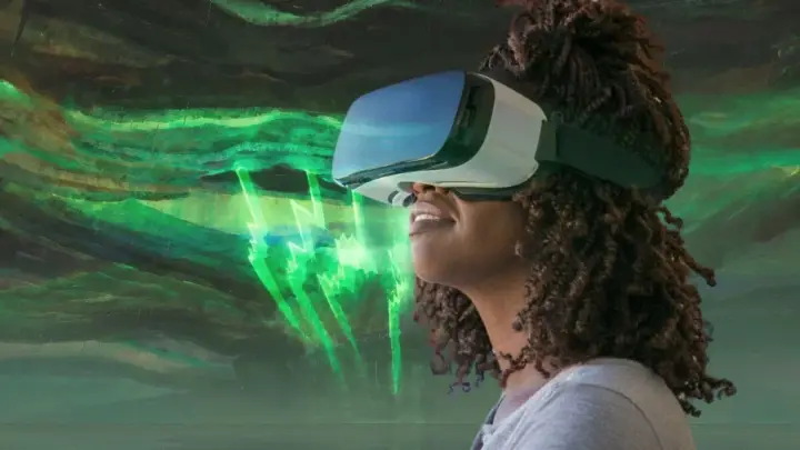 Visitor with a VR headset in the Trail of Angels experience