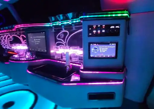 Limo minibar with glasses and screens