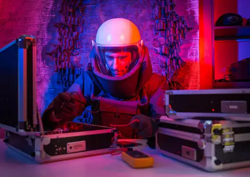 Player in a bomb disposal helmet in the bomb escape room in Sofia