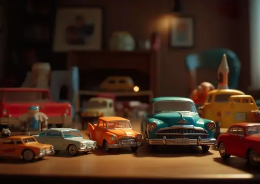 Rows of old toy cars waiting to be repaired