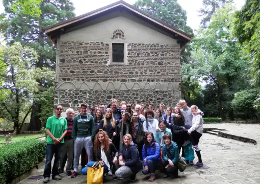 A tour group outside Boyana Church in Sofia