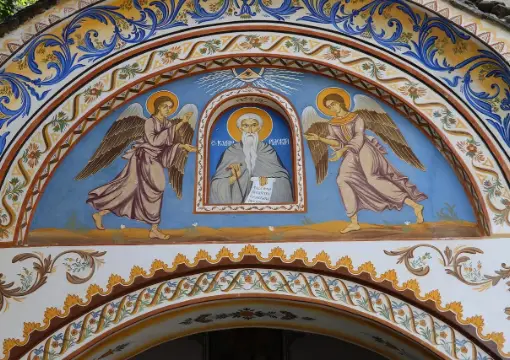 Fresco of St Ivan of Rila above a monastery door