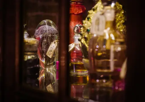 Potion bottles on a shelf in the kids escape room in Sofia