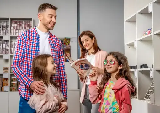 Family exploring an exhibit with a guide book