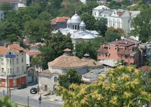 Roofs and trees in the hills of Sredna Gora
