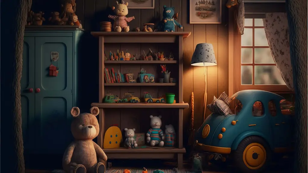 Old toy room with a teddy bear and a blue toy car in the toy workshop escape room in Sofia