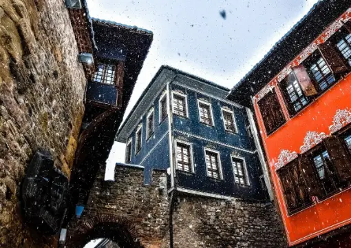 Painted houses on a street in Plovdiv Old Town