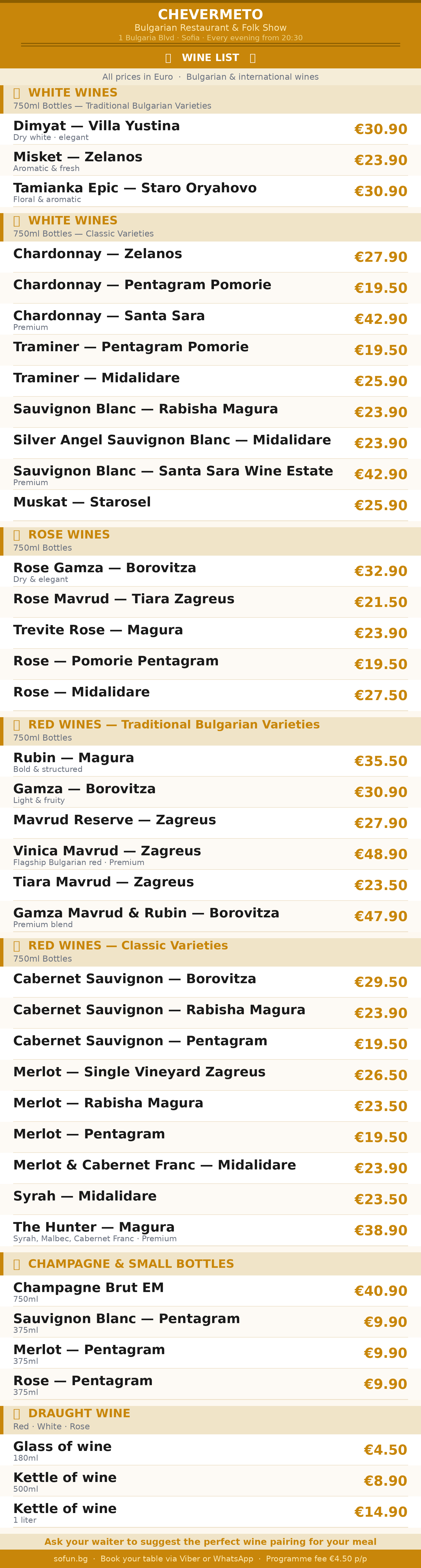 Chevermeto Wine List