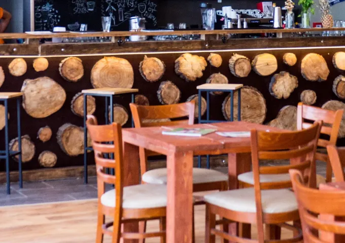 Wooden tables in the CARVE mountain bar in Sofia