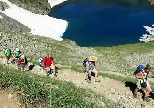 Hikers on the trail above the Seven Rila Lakes