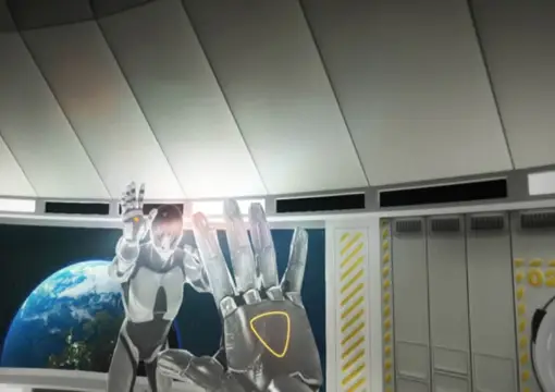 Avatar waving in front of the Earth from the space station window